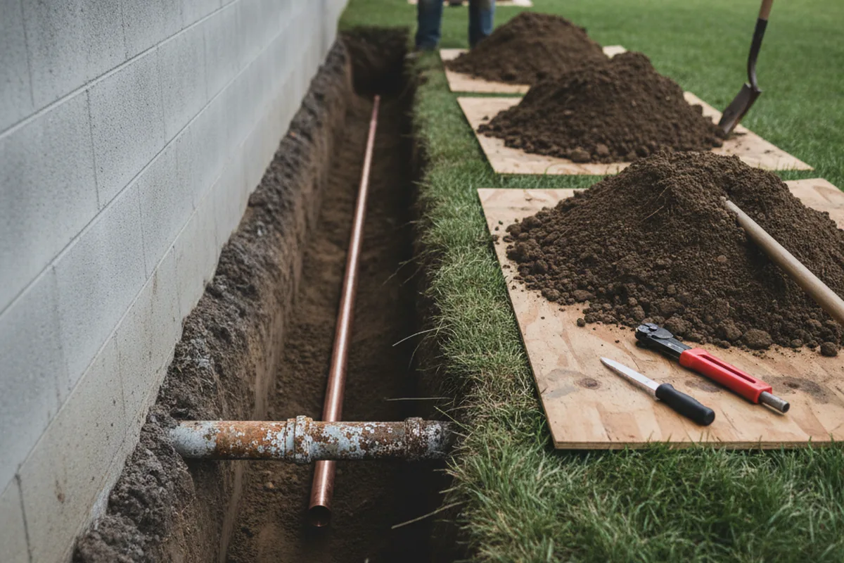 Excavated water line trench during Water Heater Repair in Potomac